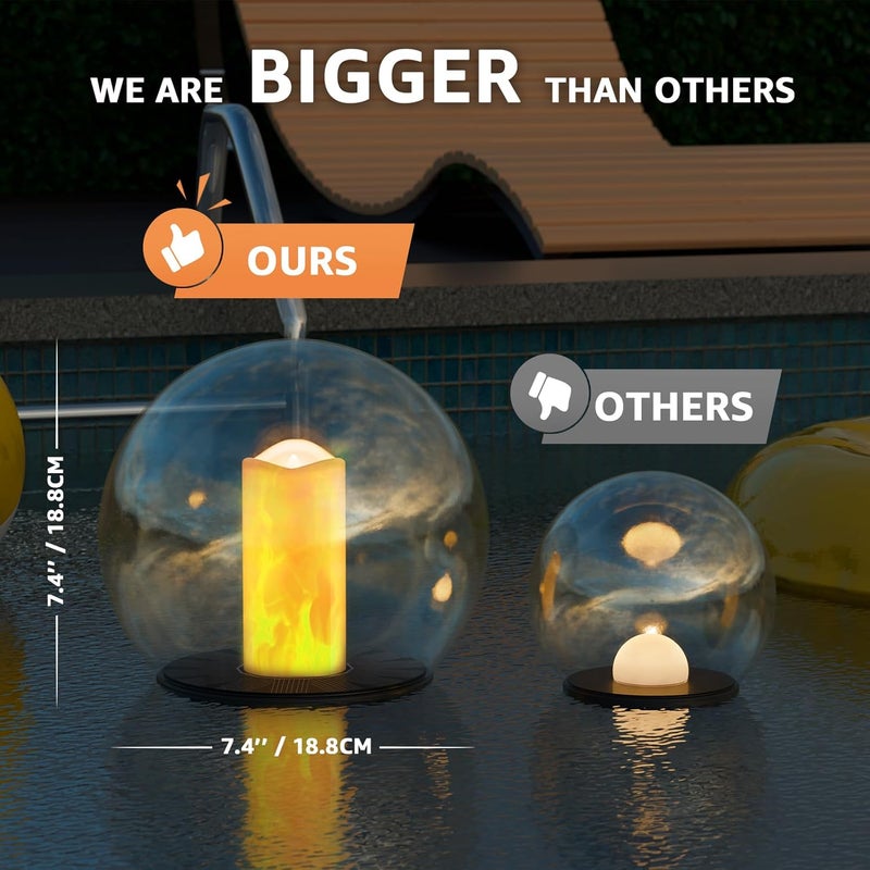 UUFFOO 2-Pack 7.4x7.4 Solar Floating Pool Lights Ball Solar Powered Flickering That Float Candles Lights Outdoor Water-Resistant IP66 for Pond Garden Party Swimming Decor - Image 4